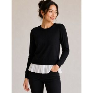 1.STATE Womens Black Crewneck Sweater White Pleated Hem Layered Look Small